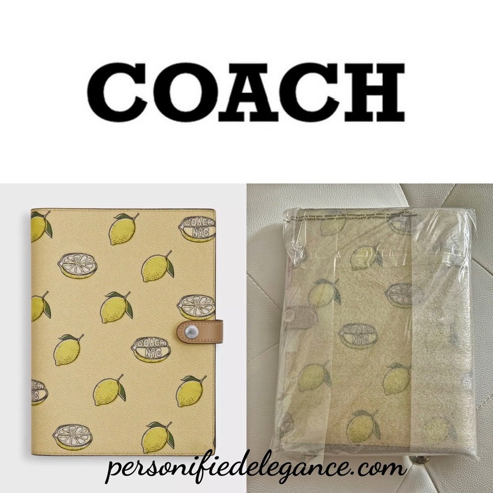 NEW Coach Lemon Print Garden Glade Yellow Multi Coated Canvas Leather Notebook